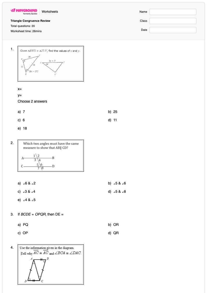 Triangle Congruence Review - Printable Congruent-triangles-sss-sas-and-asa Worksheets Year 8 - Wayground