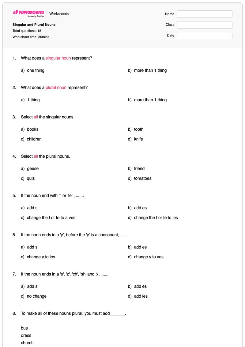 Singular and Plural Nouns - Printable Apostrophes-in-plural-possessive-nouns Worksheets Class 4 - Wayground