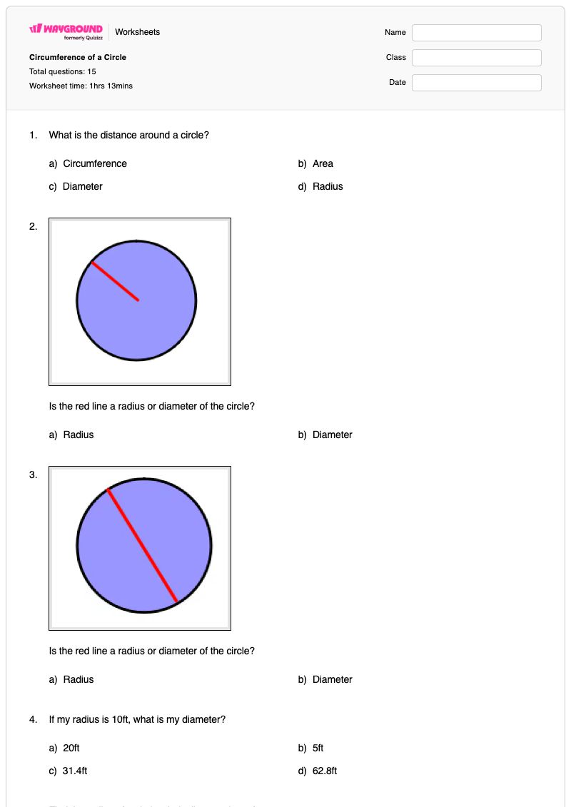 Circumference of a Circle - พิมพ์ได้ Diameter เวิร์กชีท - Wayground