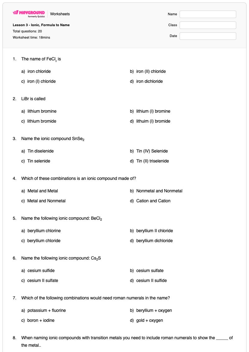 Lesson 3 - Ionic, Formula to Name - พิมพ์ได้ สูตรสารประกอบไอออนิก เวิร์กชีท - Wayground