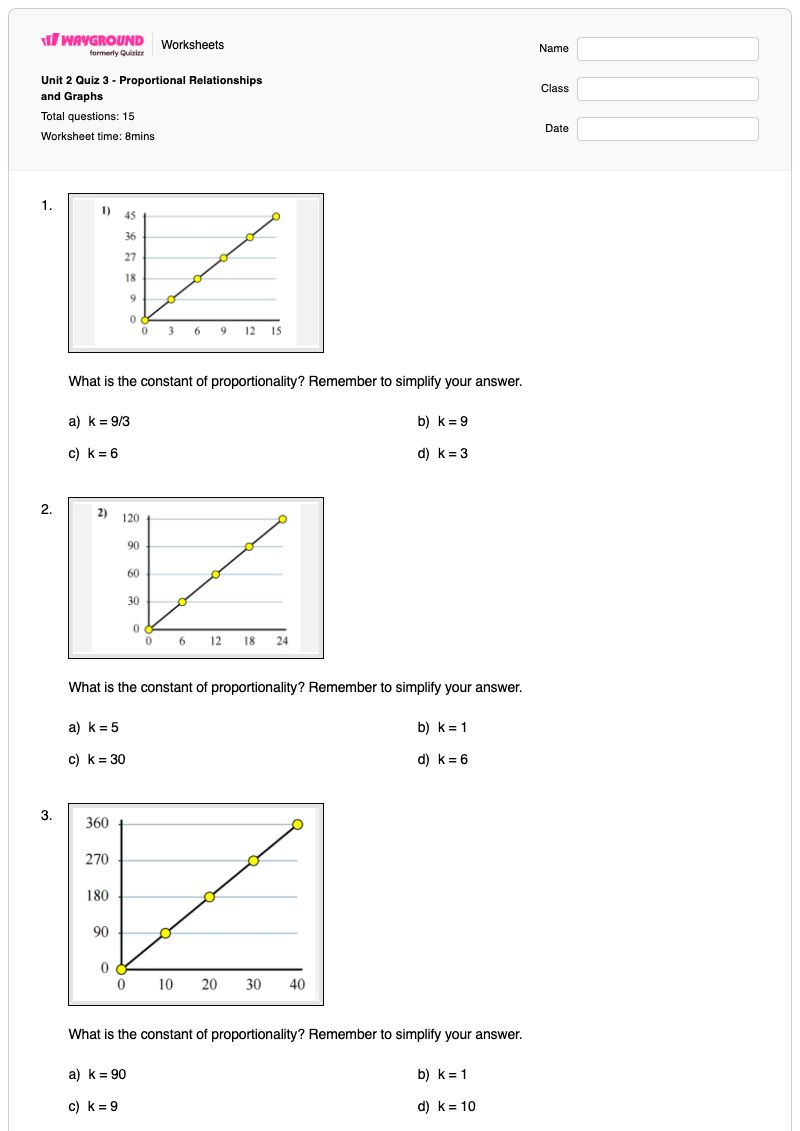 Unit 2 Quiz 3 - Proportional Relationships and Graphs - พิมพ์ได้ Constant-of-proportionality เวิร์กชีท - Wayground