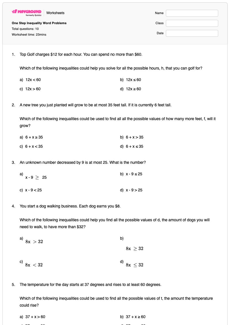 One Step Inequality Word Problems - Printable One-step-inequalities Worksheets - Wayground