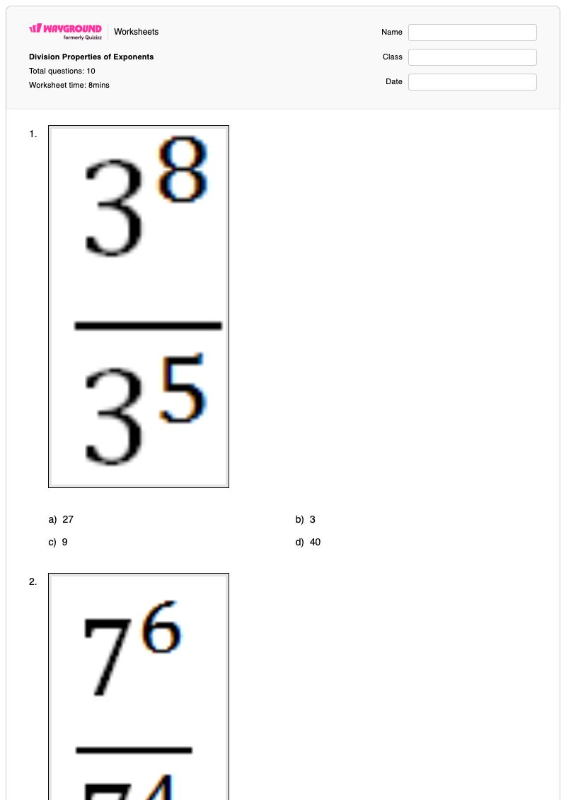 Division Properties of Exponents - พิมพ์ได้ คุณสมบัติของเลขยกกำลัง เวิร์กชีท - Wayground