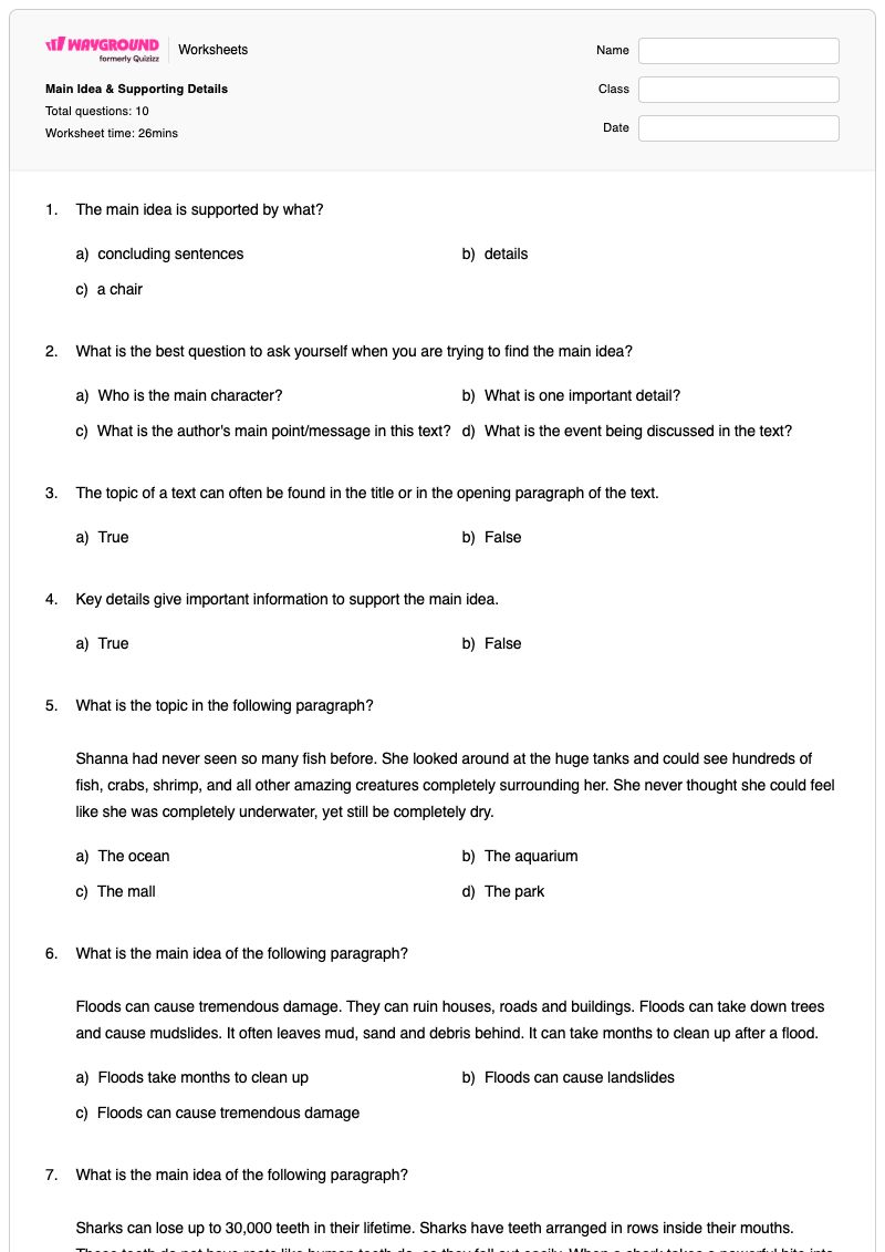 Main Idea & Supporting Details - Printable Key-ideas-and-details Worksheets - Wayground