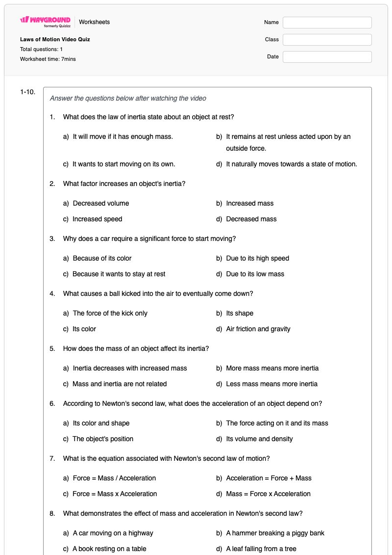 Laws of Motion Video Quiz - Printable Mass-and-inertia Worksheets Class 5 - Wayground