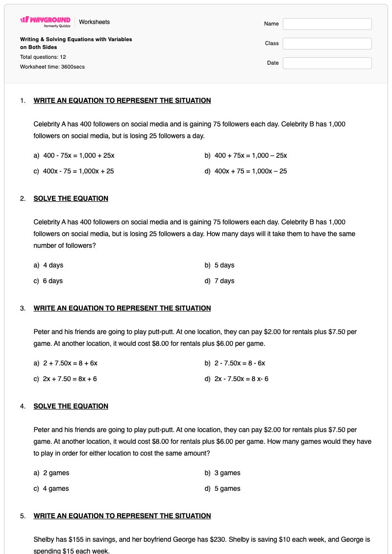 Writing & Solving Equations with Variables on Both Sides - Printable Equations-with-variables-on-both-sides Worksheets Class 7 - Wayground