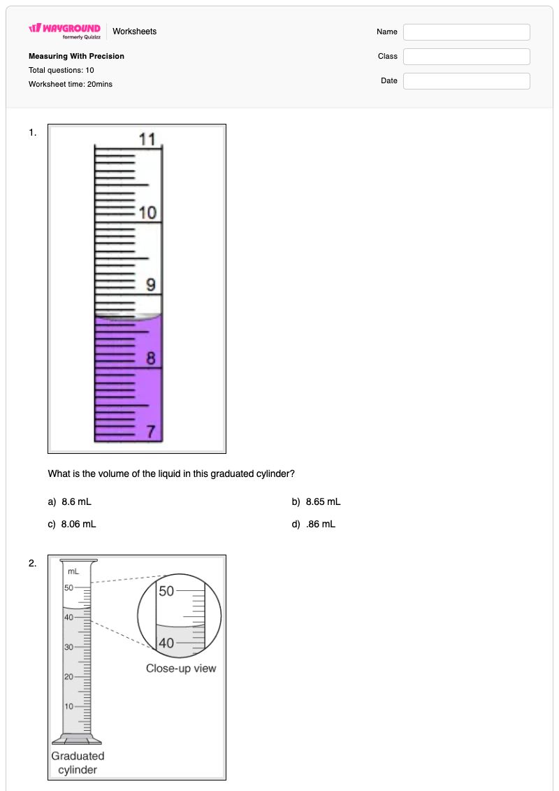 Measuring With Precision - พิมพ์ได้ ความแม่นยำของเครื่องมือ เวิร์กชีท ระดับ 9 - Wayground