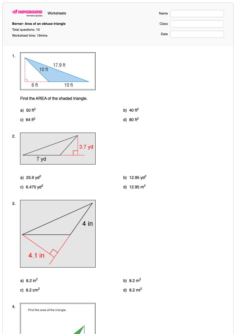 Berner- Area of an obtuse triangle - Printable Area-of-a-triangle Worksheets - Wayground