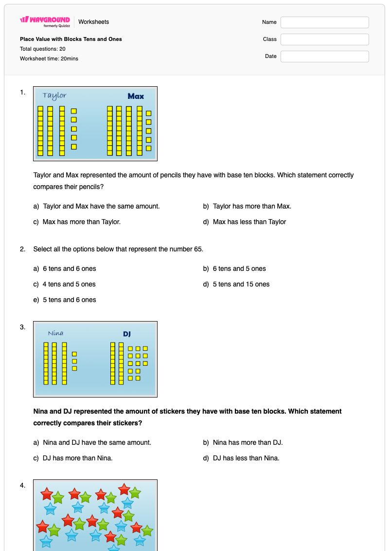 Place Value with Blocks Tens and Ones - Printable Fundamentals-and-building-blocks Worksheets Class 3 - Wayground