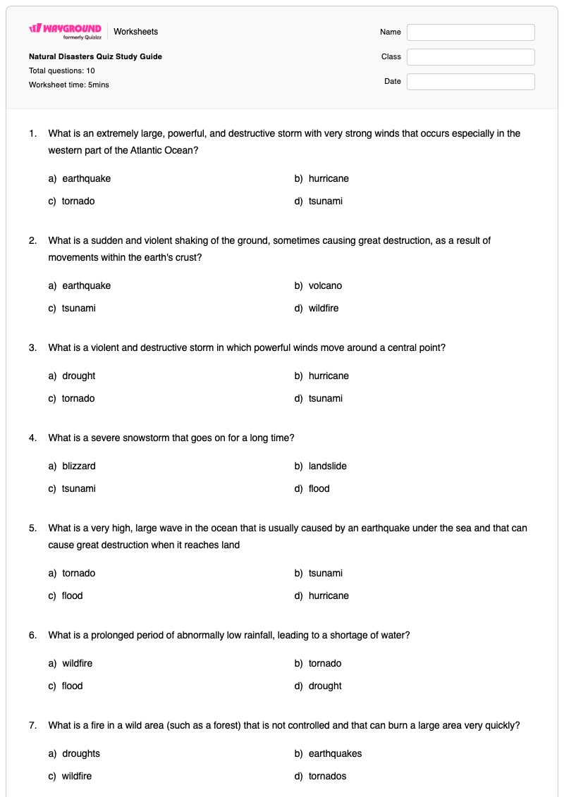 Natural Disasters Quiz Study Guide - พิมพ์ได้ Natural-events เวิร์กชีท - Wayground