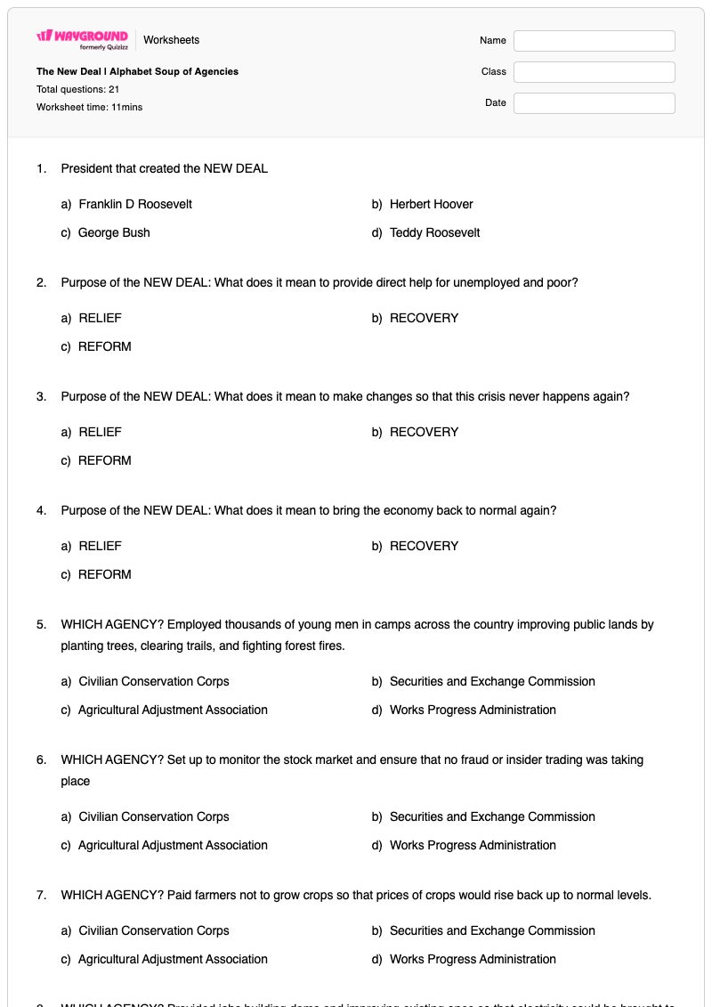 The New Deal | Alphabet Soup of Agencies - Printable Alphabet-agencies Worksheets Grade 11 - Wayground