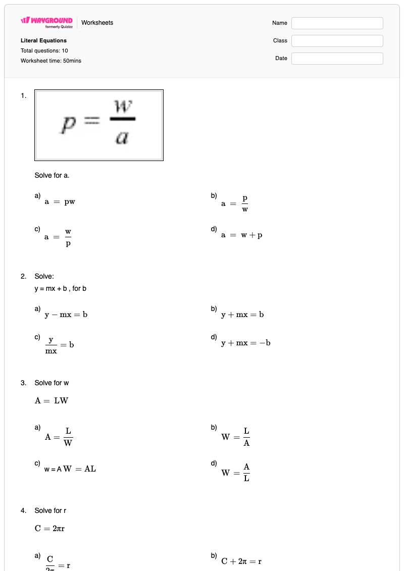 Literal Equations - พิมพ์ได้ สมการเชิงตัวอักษร เวิร์กชีท ระดับ 9 - Wayground