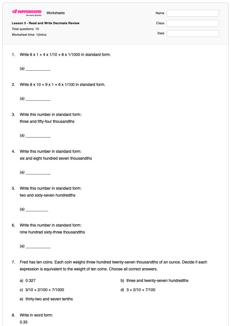 Lesson 3 - Read and Write Decimals Review - Printable Measuring-with-standard-tools Worksheets Year 5 - Wayground