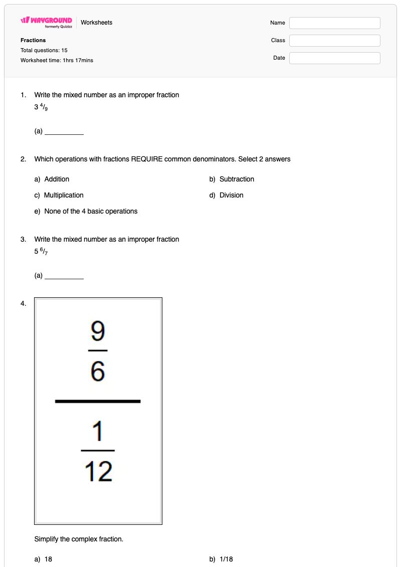 Fractions - พิมพ์ได้ Mixed-multiplication-and-division เวิร์กชีท ระดับ 7 - Wayground