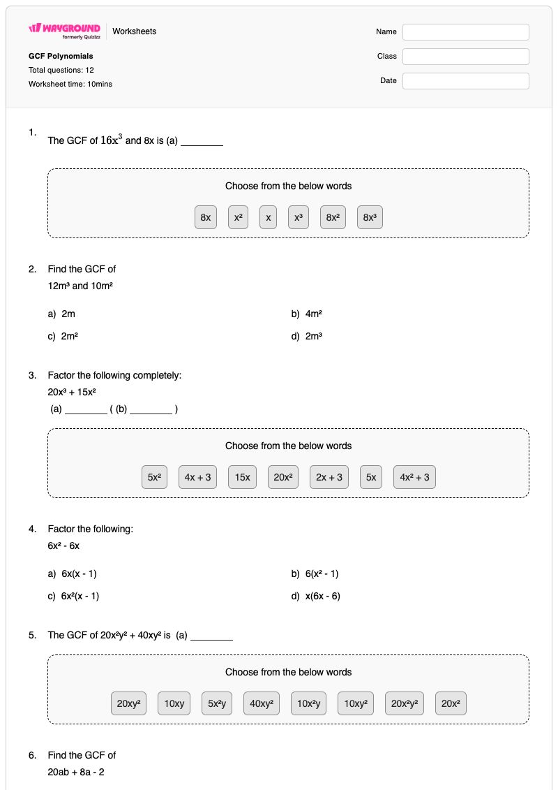 GCF Polynomials - Printable Finding-common-factors Worksheets Year 12 - Wayground