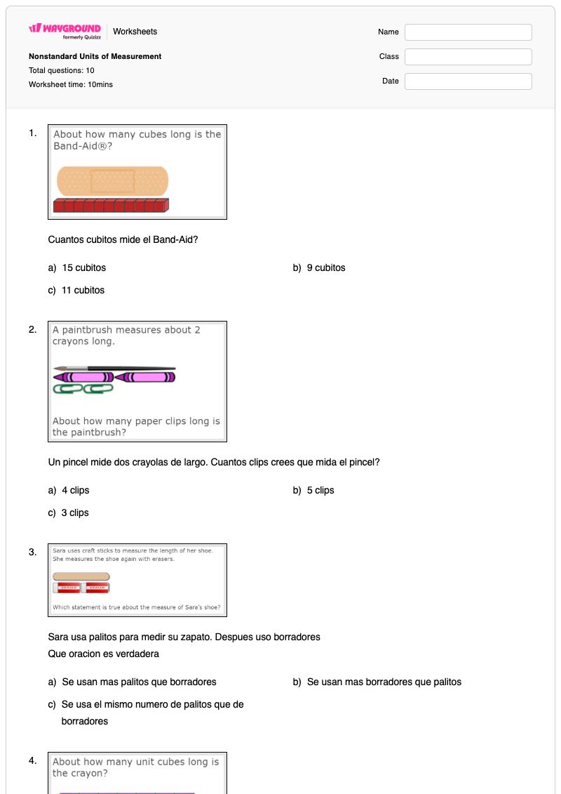 Nonstandard Units of Measurement - Printable Units-of-measurement Worksheets Class 1 - Wayground