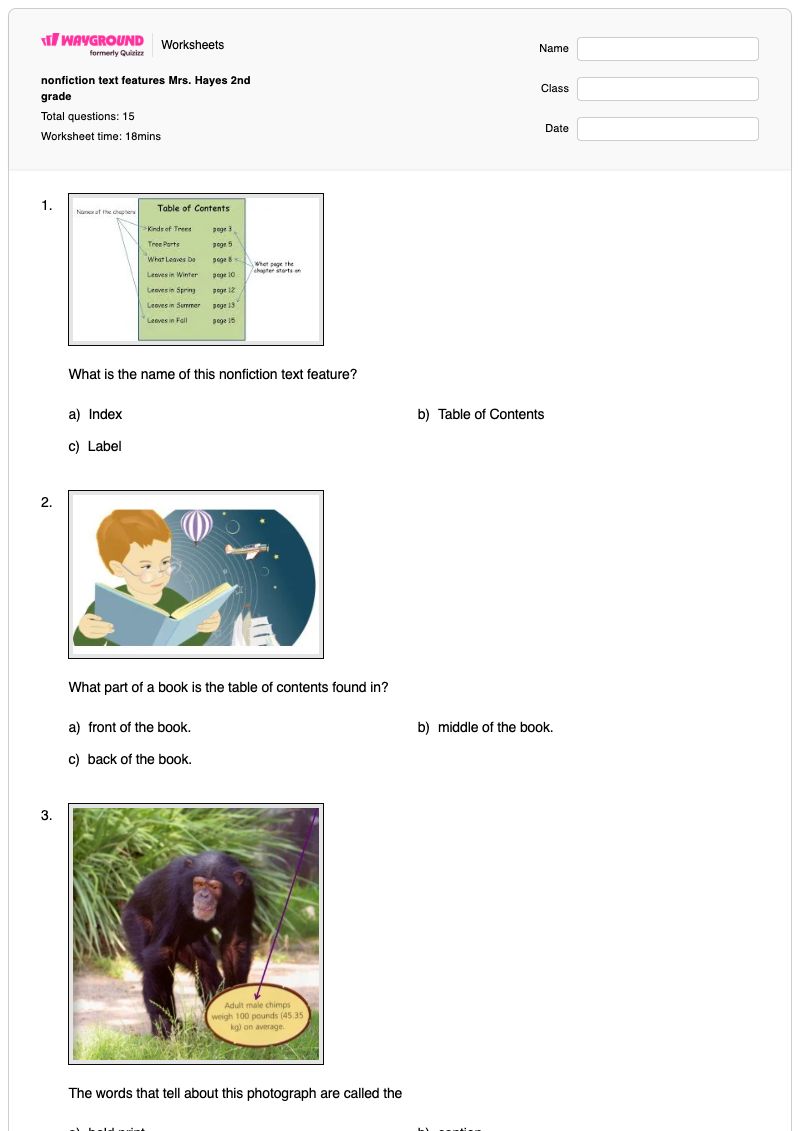 nonfiction text features Mrs. Hayes 2nd grade - Printable Nonfiction Worksheets Year 2 - Wayground
