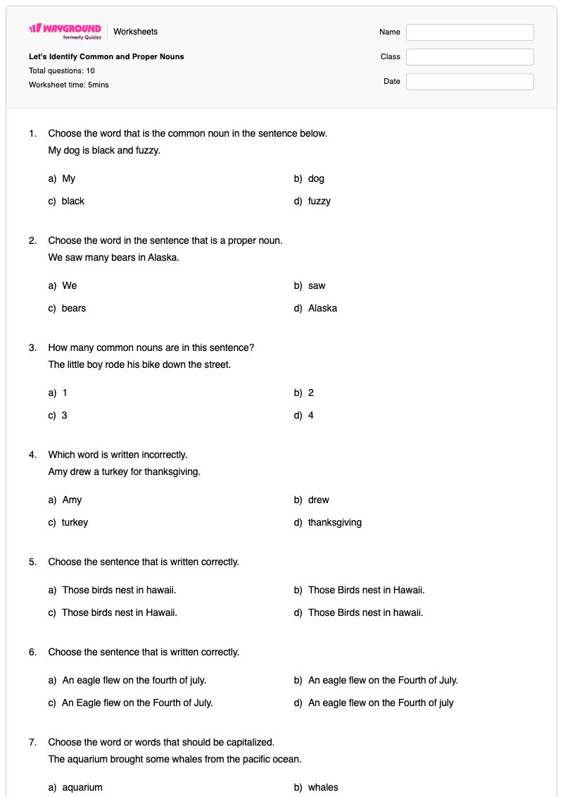 Let's Identify Common and Proper Nouns - Printable Proper-nouns Worksheets - Wayground