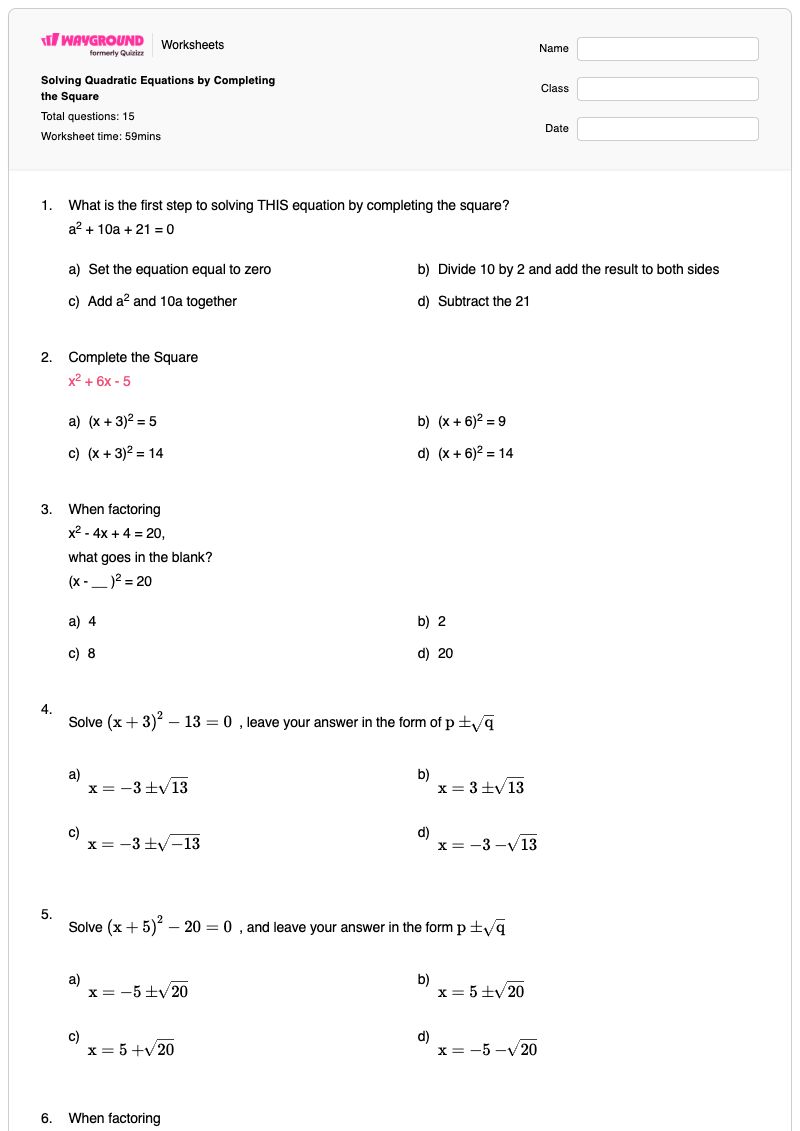 Solving Quadratic Equations by Completing the Square - พิมพ์ได้ การทำให้เป็นกำลังสองสมบูรณ์ เวิร์กชีท - Wayground