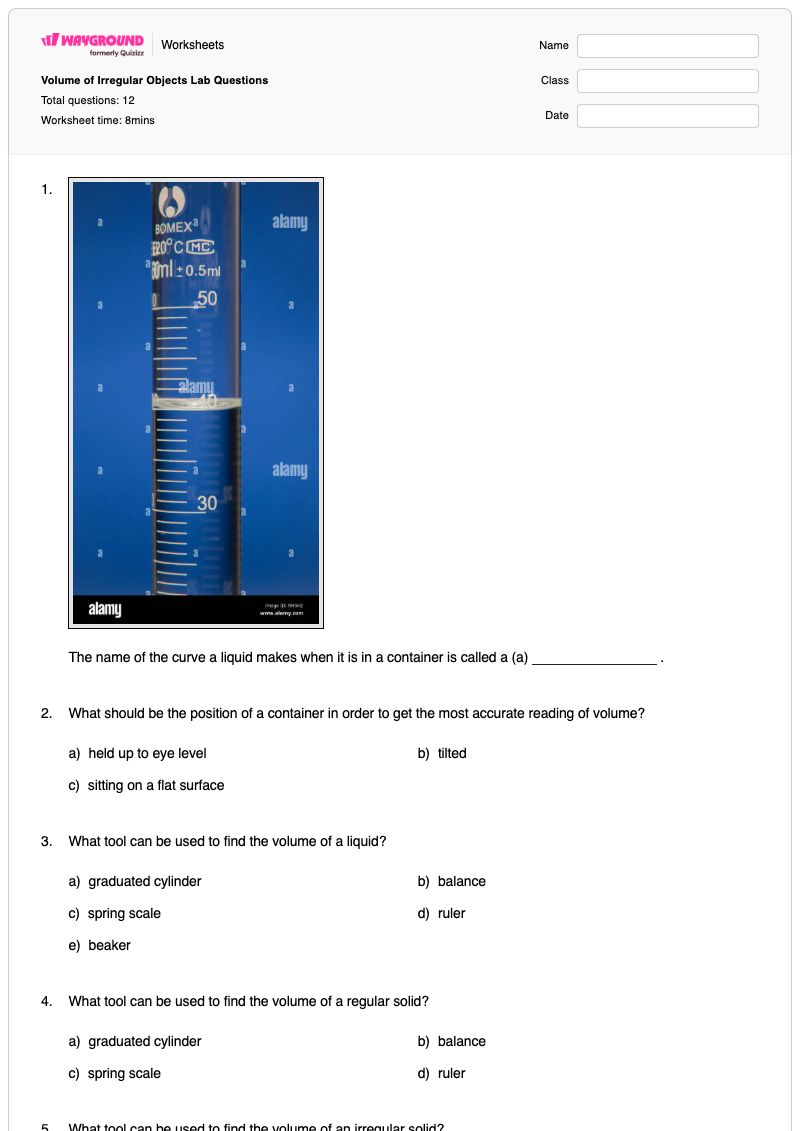 Volume of Irregular Objects Lab Questions - Printable Measuring-cylinder Worksheets Grade 6 - Wayground