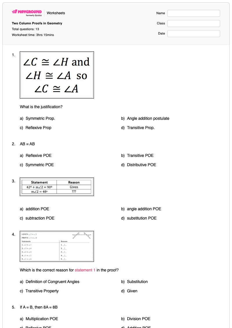 Two Column Proofs in Geometry - พิมพ์ได้ การพิสูจน์แบบสองคอลัมน์ เวิร์กชีท - Wayground