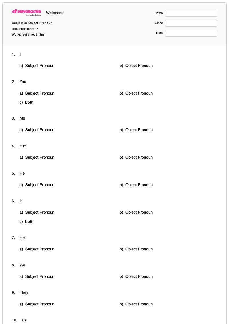 Subject or Object Pronoun - พิมพ์ได้ Subject-and-object เวิร์กชีท - Wayground