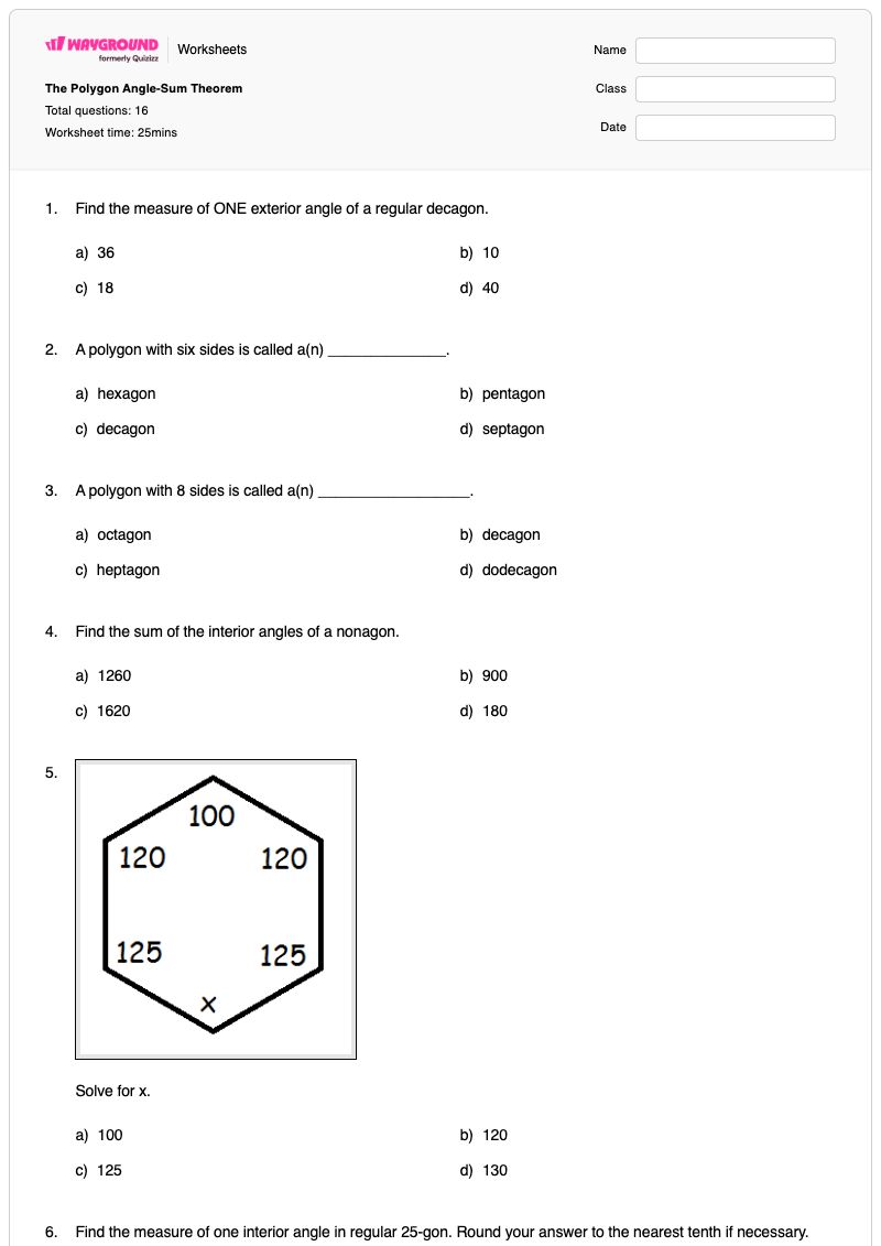 The Polygon Angle-Sum Theorem - พิมพ์ได้ Polygon-angle-sum-theorem เวิร์กชีท - Wayground