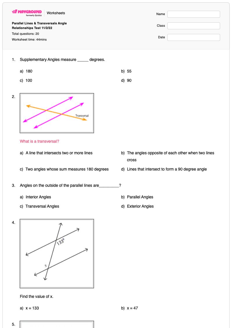 Parallel Lines & Transversals Angle Relationships Test 11/2/22 - พิมพ์ได้ เส้นตัดขวางของเส้นขนาน เวิร์กชีท - Wayground