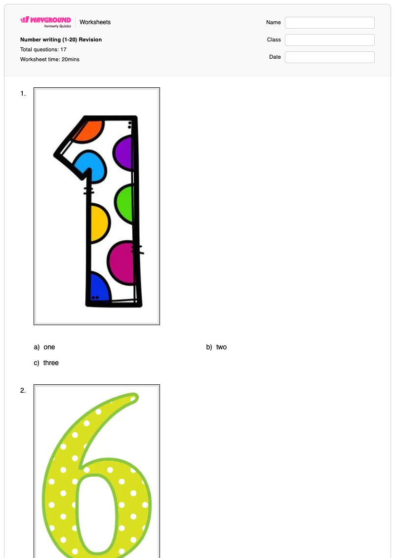 Number writing (1-20) Revision - พิมพ์ได้ Number-writing เวิร์กชีท ระดับ 1 - Wayground