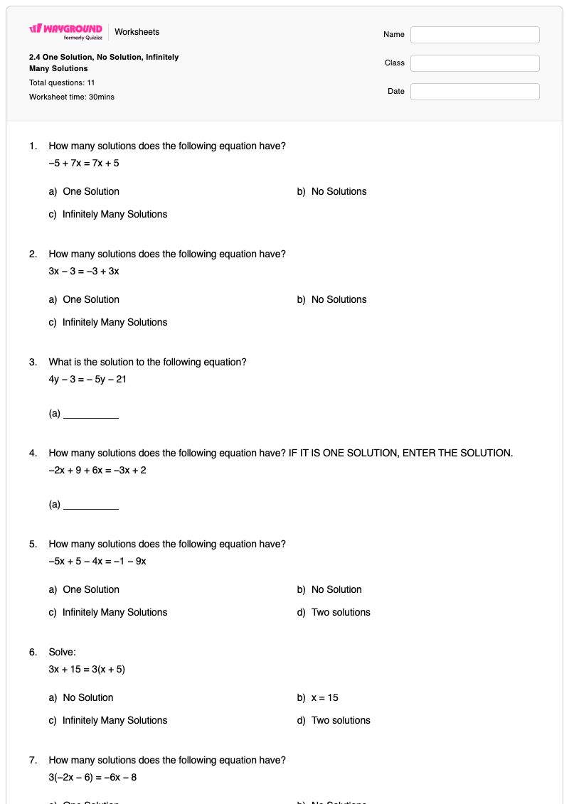 2.4 One Solution, No Solution, Infinitely Many Solutions - Printable Equations-with-no-solutions Worksheets Year 8 - Wayground