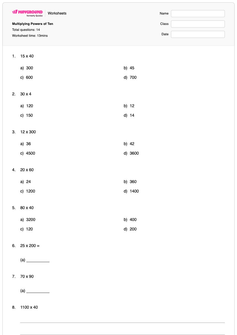 Multiplying Powers of Ten - Printable Powers-of-ten Worksheets Grade 5 - Wayground