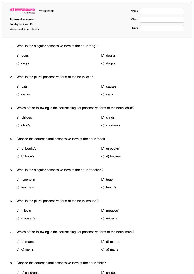 Possessive Nouns - Printable Apostrophes-in-plural-possessive-nouns Worksheets Class 8 - Wayground