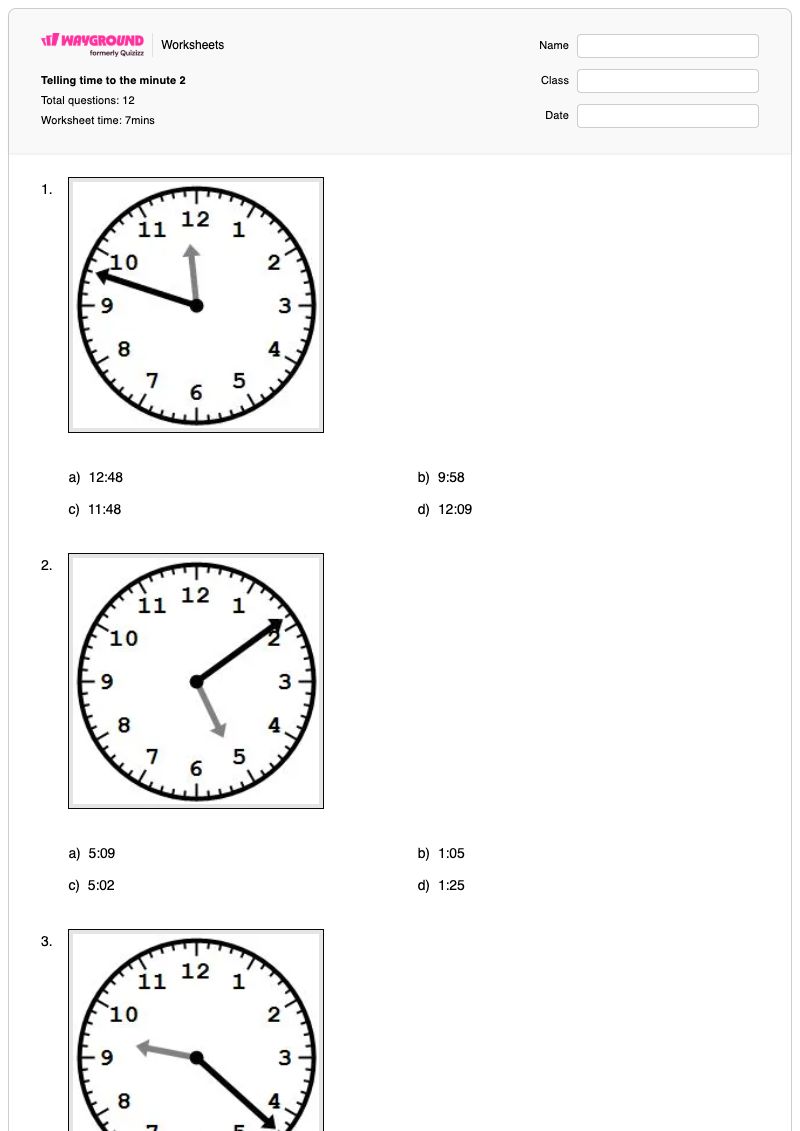 Telling time to the minute 2 - Printable Time-to-the-minute Worksheets - Wayground
