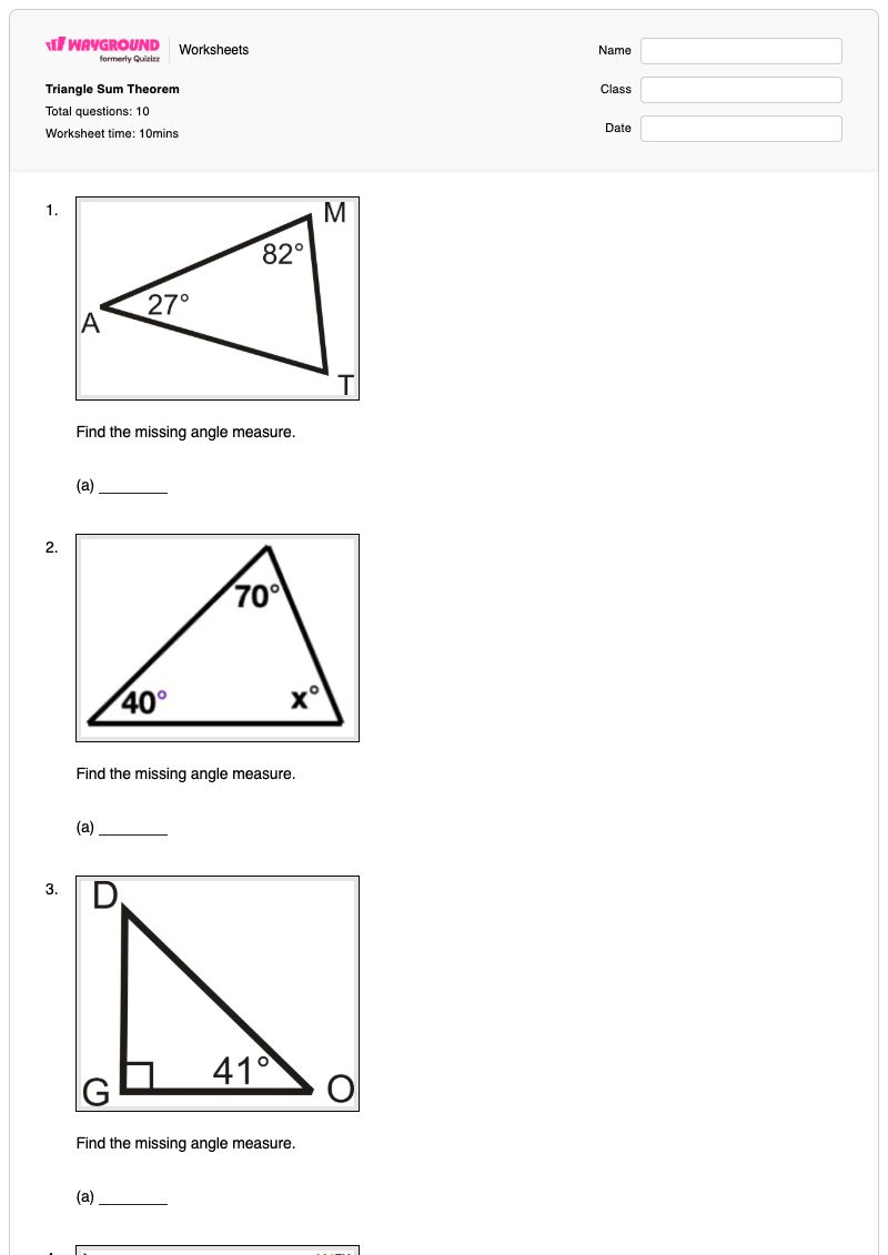 Triangle Sum Theorem - พิมพ์ได้ Triangle-sum-theorem เวิร์กชีท ระดับ 6 - Wayground