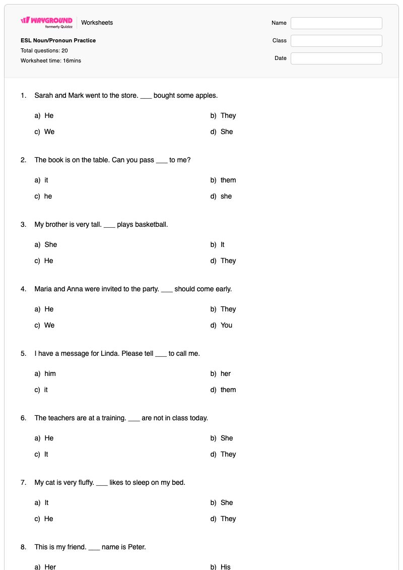 ESL Noun/Pronoun Practice - Imprimible Lengua-extranjera Hojas-de-trabajo Grado 10 - Wayground