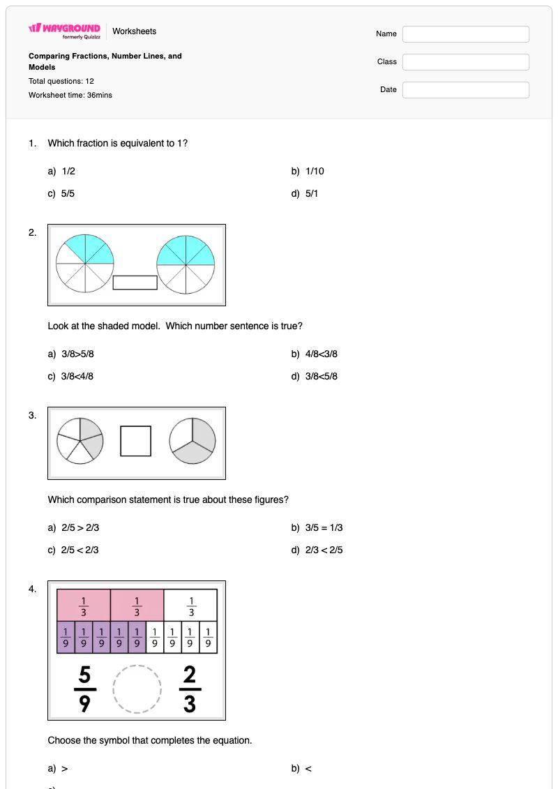 Comparing Fractions, Number Lines, and Models - Printable Fractions-on-a-number-line Worksheets - Wayground