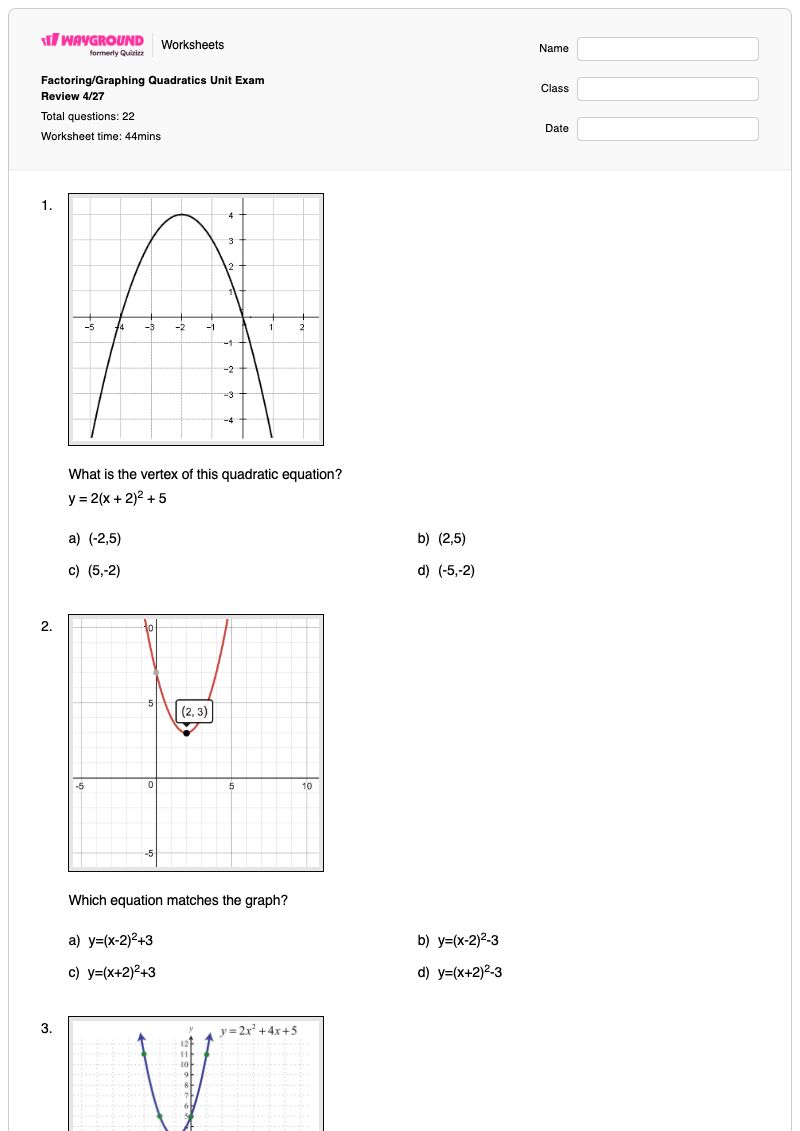 Factoring/Graphing Quadratics Unit Exam Review 4/27 - Printable Quadratic Worksheets - Wayground
