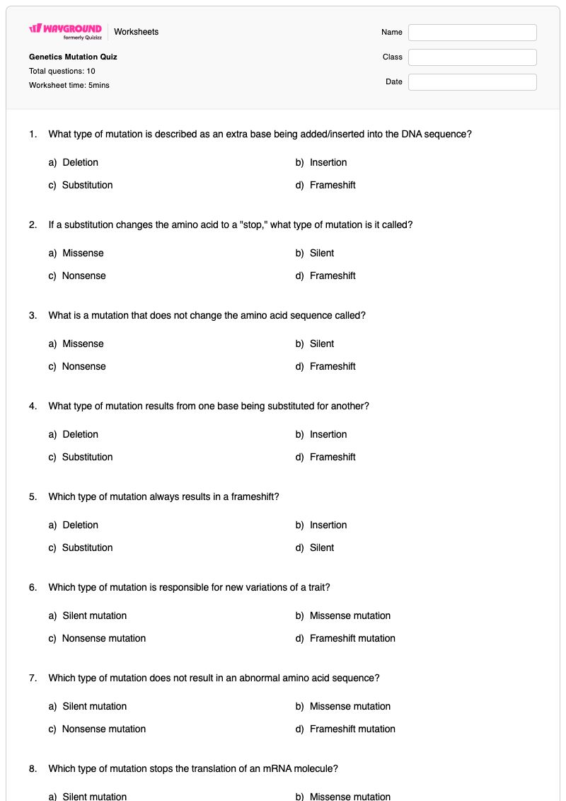 Genetics Mutation Quiz - พิมพ์ได้ การกลายพันธุ์ทางพันธุกรรม เวิร์กชีท ระดับ 10 - Wayground