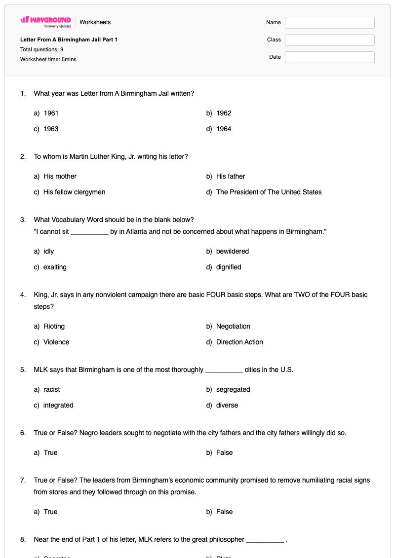 Letter From A Birmingham Jail Part 1 - พิมพ์ได้ The-letter-a เวิร์กชีท - Wayground