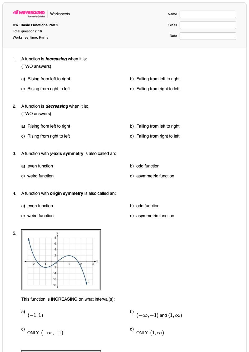HW:  Basic Functions Part 2 - พิมพ์ได้ Intervals เวิร์กชีท - Wayground
