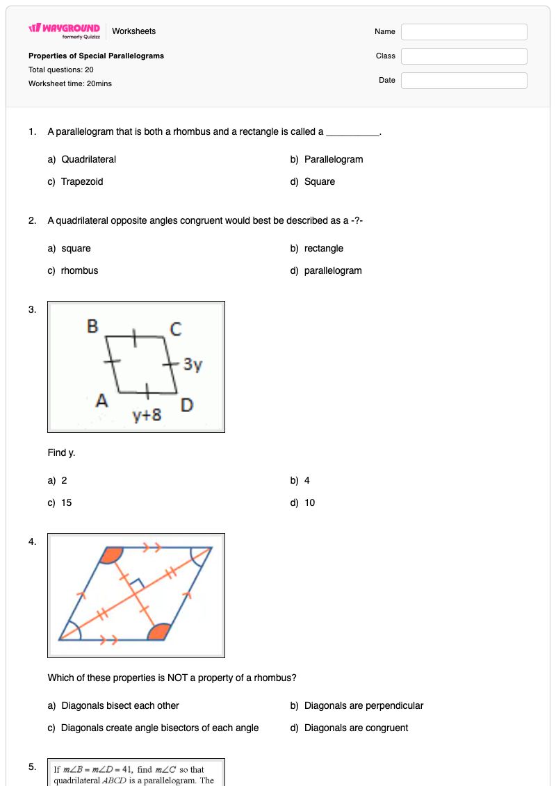 Properties of Special Parallelograms - Printable Properties-of-parallelograms Worksheets - Wayground
