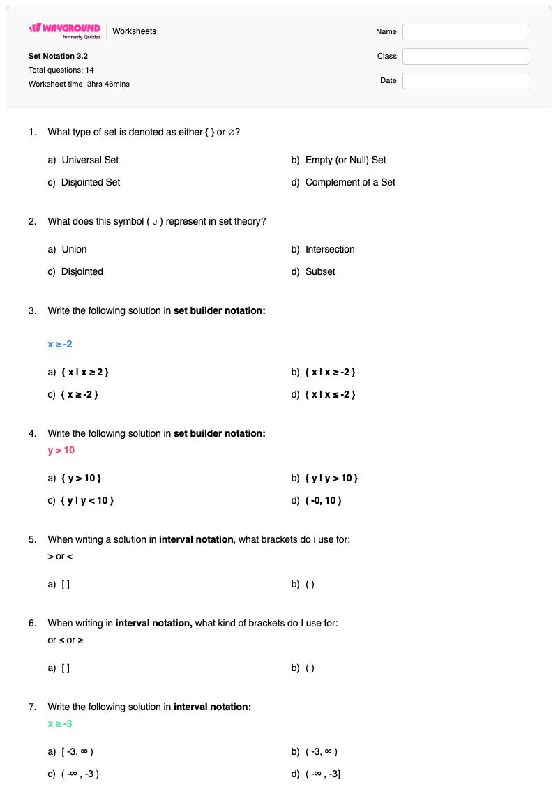 Set Notation 3.2 - พิมพ์ได้ สัญกรณ์ชุด เวิร์กชีท ระดับ 9 - Wayground
