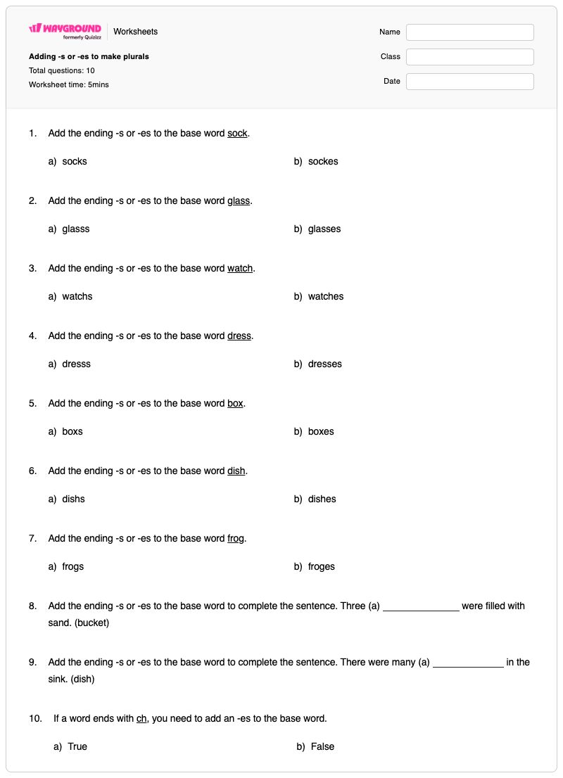 Adding -s or -es to make plurals - Printable Plural-and-possessive-forms Worksheets Year 2 - Wayground