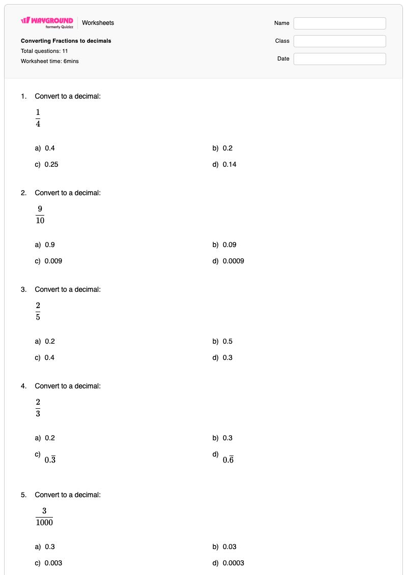Converting Fractions to decimals  - Printable Decimal-to-fraction-conversion Worksheets Year 7 - Wayground