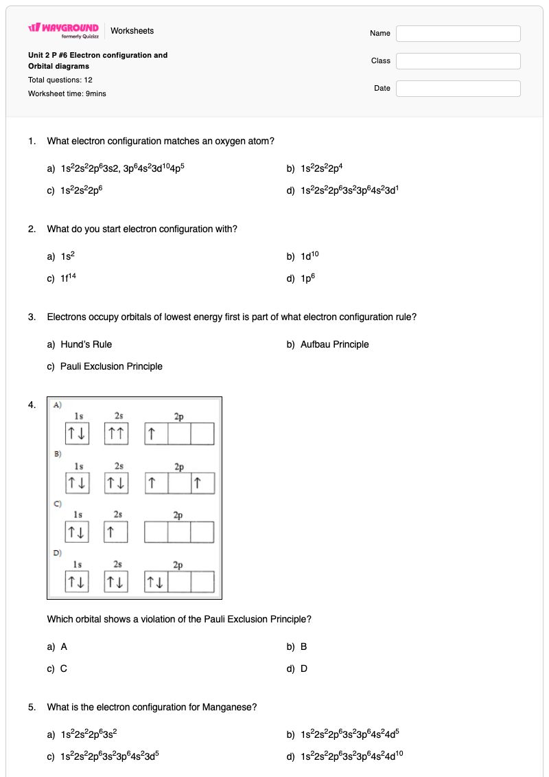 Unit 2 P #6 Electron configuration and Orbital diagrams - พิมพ์ได้ Electron-orbitals เวิร์กชีท - Wayground