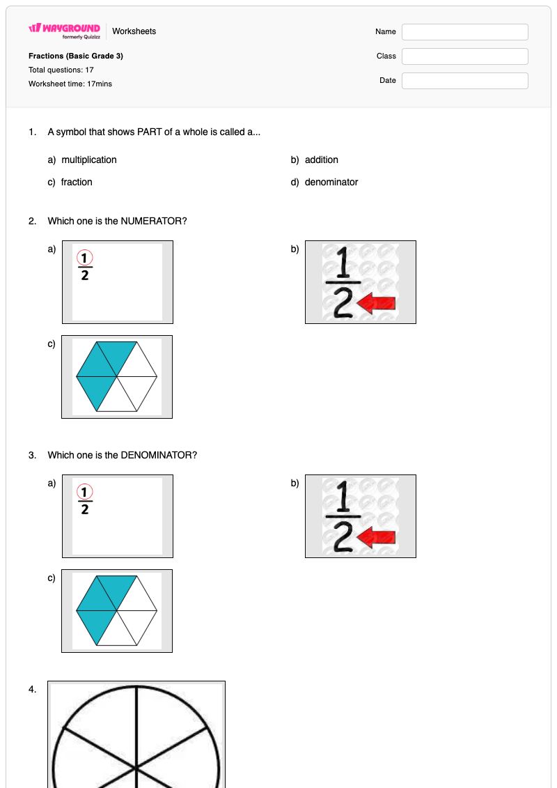 Fractions (Basic Grade 3) - พิมพ์ได้ Fractions-as-parts-of-a-set เวิร์กชีท ระดับ 3 - Wayground