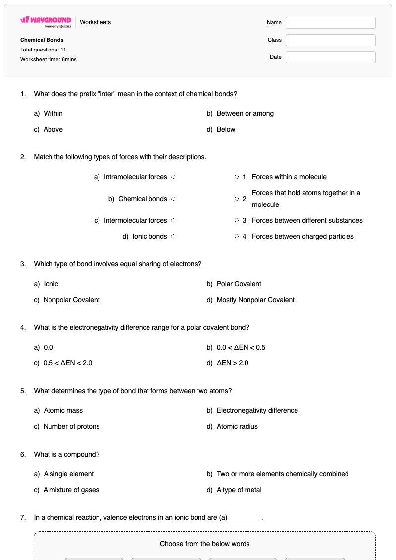 Chemical Bonds - Printable Chemistry Worksheets - Wayground