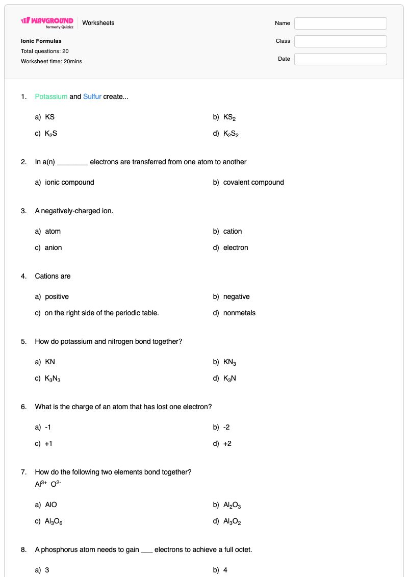 Ionic Formulas - พิมพ์ได้ สูตรสารประกอบไอออนิก เวิร์กชีท - Wayground