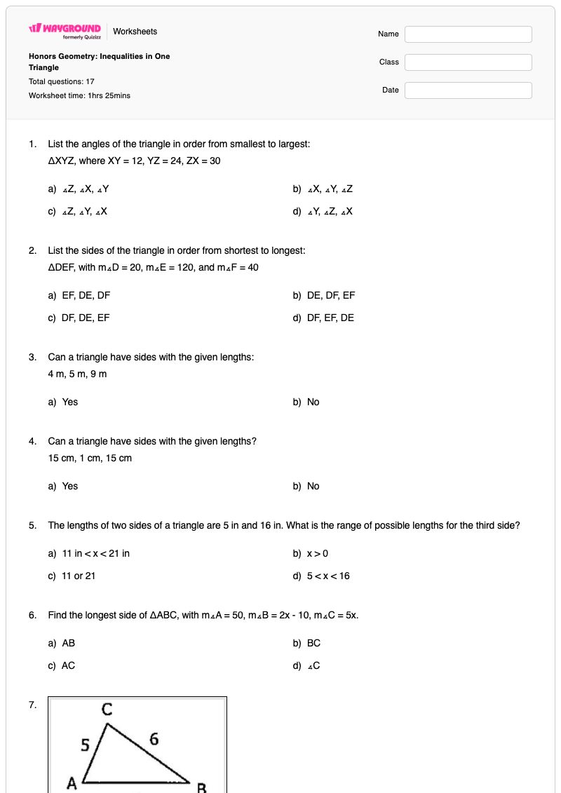 Honors Geometry: Inequalities in One Triangle - Printable Geometry Worksheets - Wayground