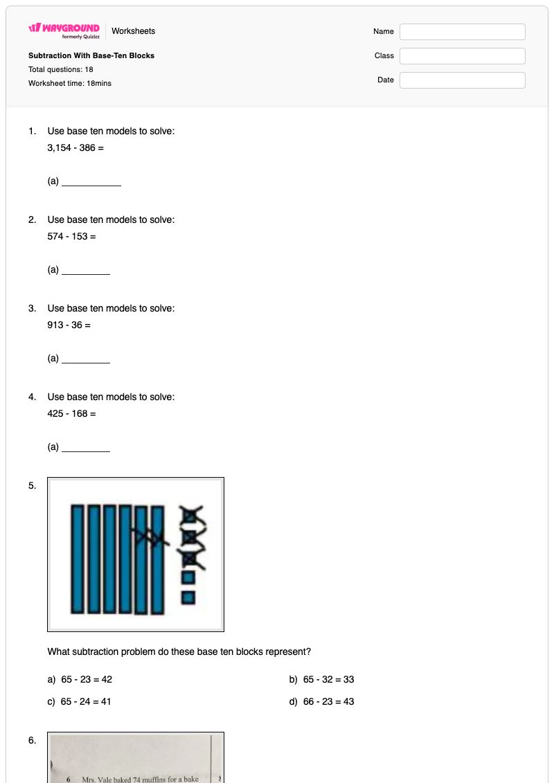Subtraction With Base-Ten Blocks - Printable Subtraction Worksheets - Wayground